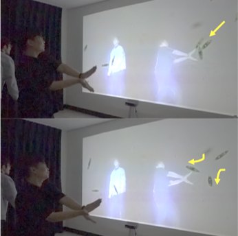 Full-body play: visitors' silhouettes share the screen with the cells, and their arm movements send the swimmers in new directions.