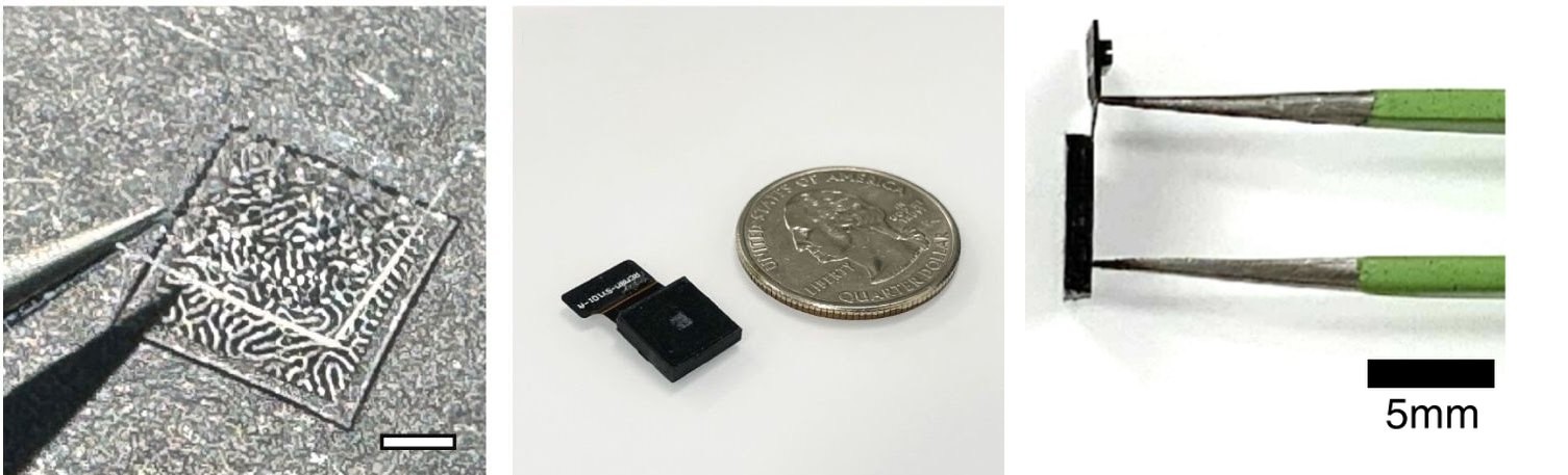 Fabricated phase mask held by tweezers, the lensless camera module next to a coin, and a side view showing its thickness.