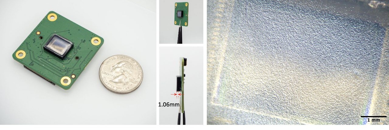 The integrated lensless camera on its board beside a US quarter, held in tweezers and in side view (thickness 1.06 mm), and a close-up of the phase-mask layer imprinted on the sensor (scale bar 1 mm).