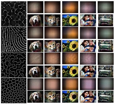 Four custom PSF designs (left column) with raw lensless measurements and reconstructed images of test scenes.